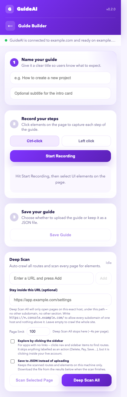 Guide Builder panel with the Deep Scan section at the bottom
