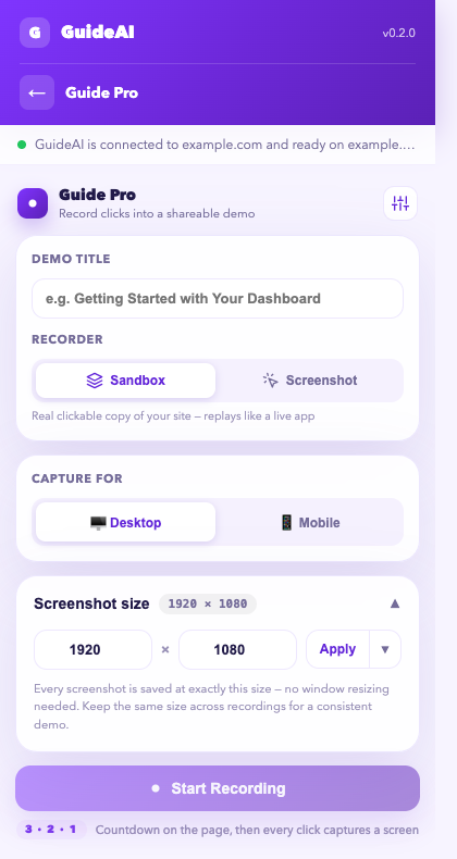 Guide Pro panel with recorder and capture settings