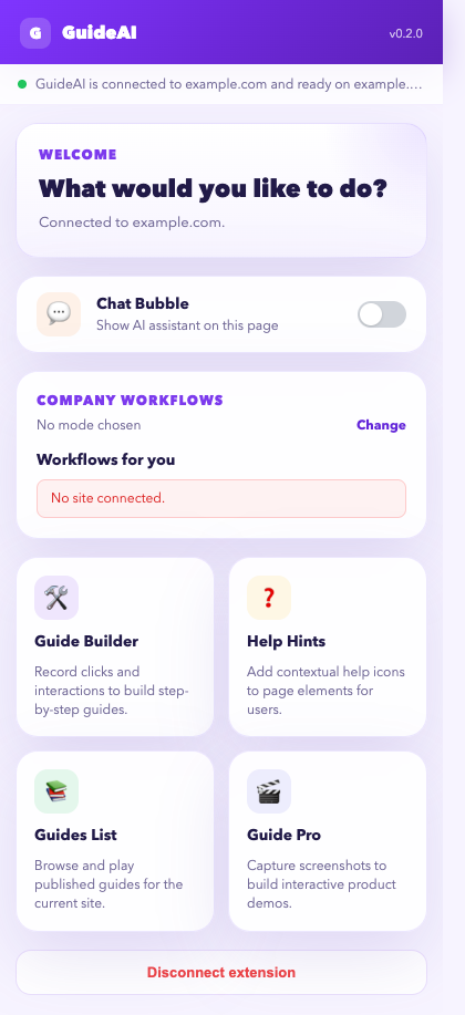 Extension home screen with Chat Bubble toggle and four tools
