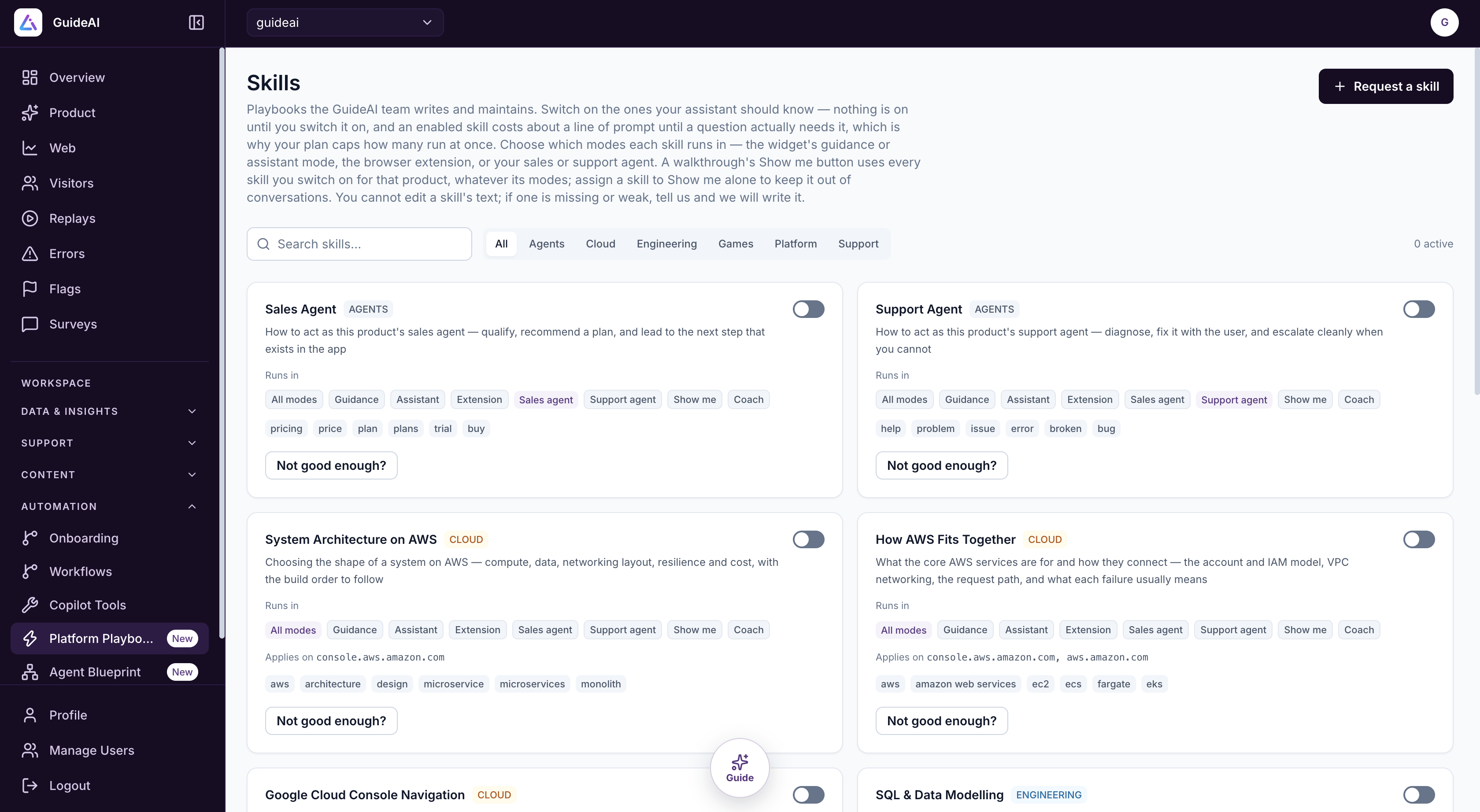 Platform Playbooks page with Sales Agent, Support Agent and AWS playbooks