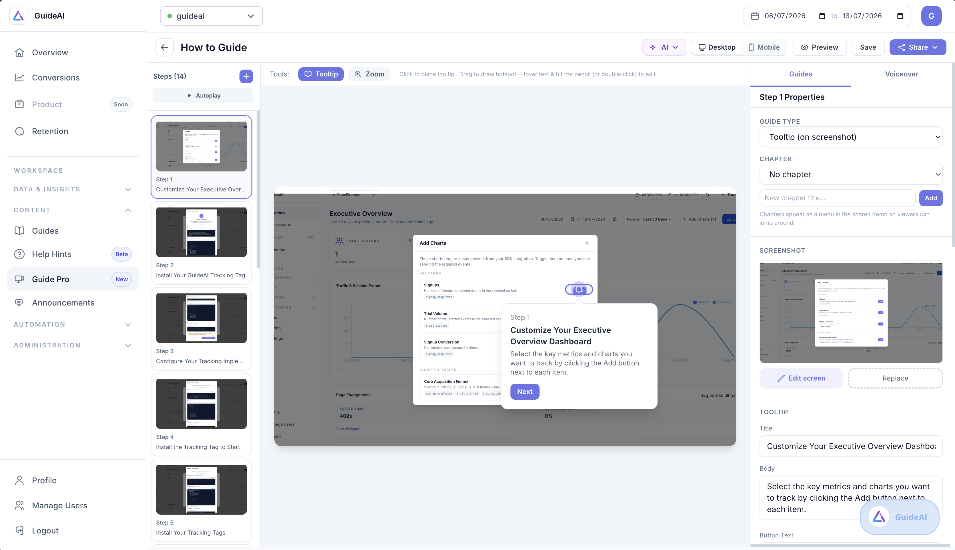 Editing an interactive demo in the Guide Pro builder